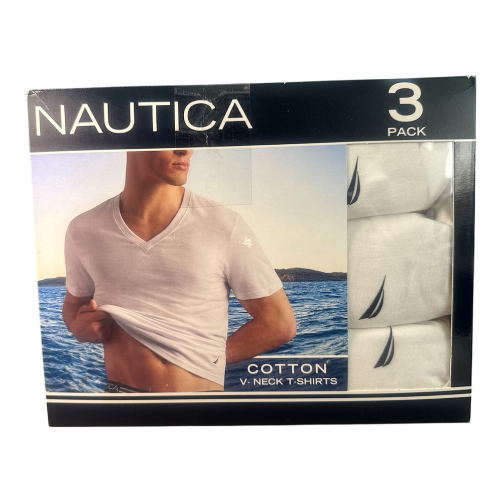 New Nautica Cotton V-neck T-shirts 3 Pack White Color